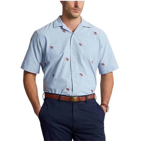 Polo Ralph Lauren Classic Fit Short Sleeve Shirt Men's XXL Blue Flag Print New